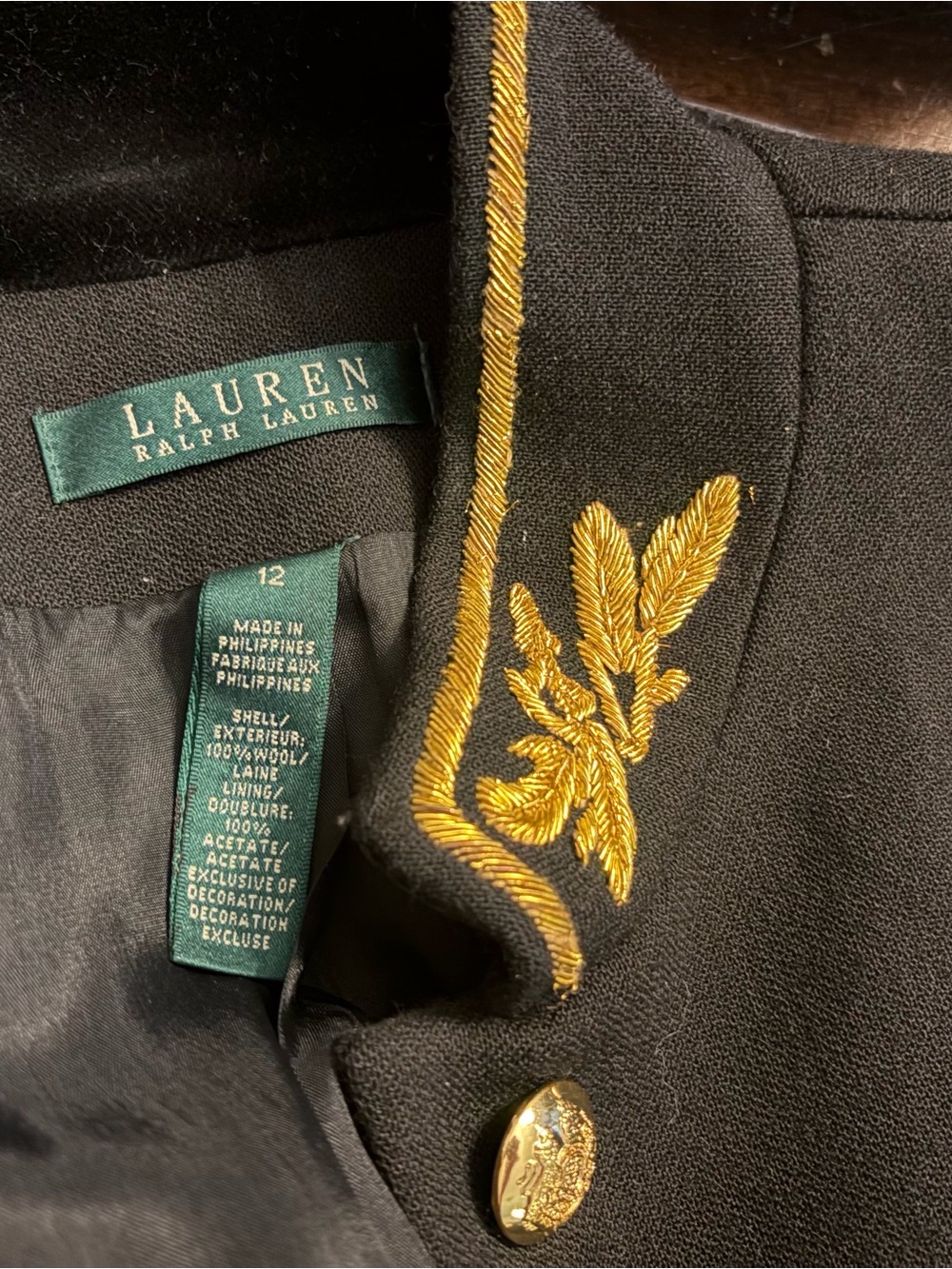 Vintage Ralph Lauren 100% Wool Military Peplum Gold Embossed Buttons, Embroidery - Picture 10 of 13